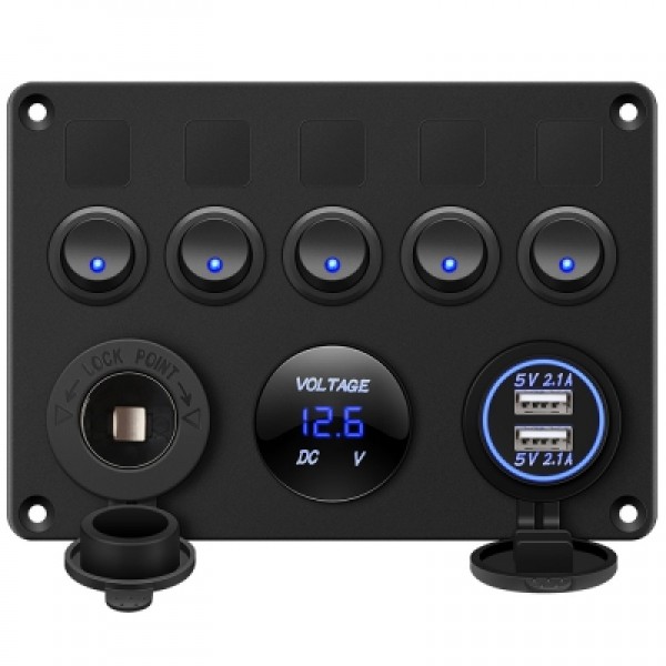 5 Gang Switch Panel 12V/24V with Digital Voltmeter Blue LED Equipped with Cigarette Lighter Socket a