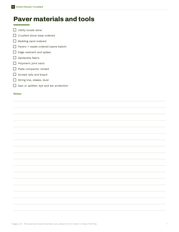 Preview of Printable Paver Materials Checklist